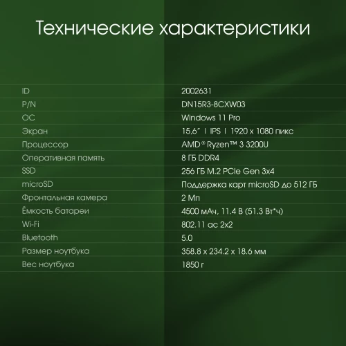 Ноутбук Digma Pro Parvus M Ryzen 3 3200U 8Gb SSD256Gb AMD Radeon Vega 3 15.6" IPS FHD (1920x1080) Windows 11 Pro dk.grey WiFi BT Cam 4500mAh (DN15R3-8CXW03)