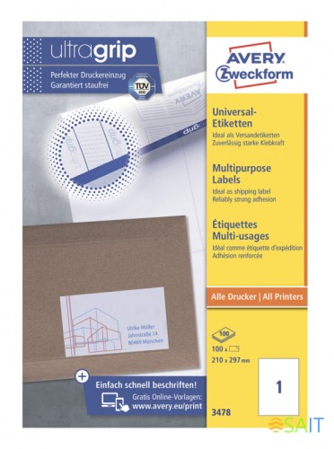 Этикетки Avery Zweckform 3478 A4 210x297мм 1шт на листе/70г/м2/100л./белый матовое самоклей. универсальная