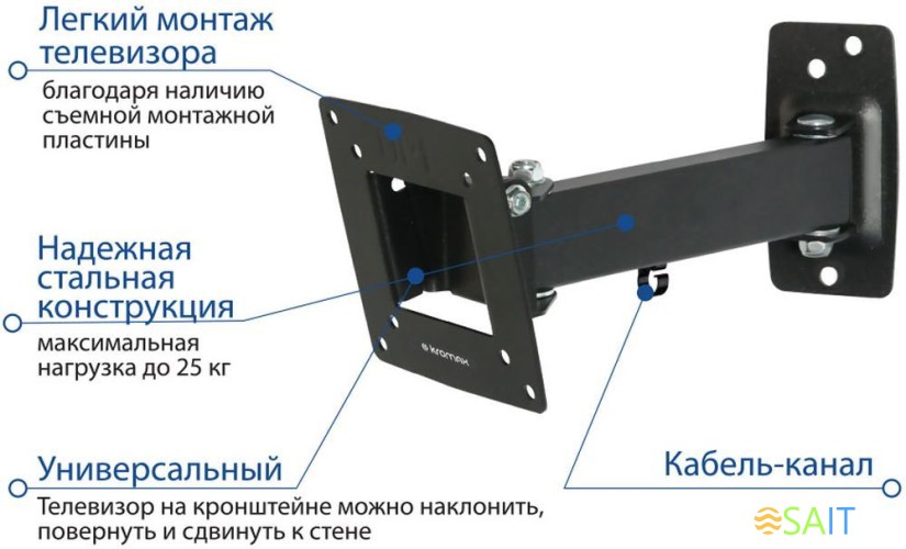 Кронштейн для телевизора Kromax OPTIMA-103 черный 10"-28" макс.25кг настенный поворотно-выдвижной и наклонный