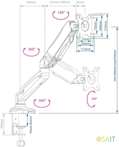 Кронштейн для мониторов Arm Media LCD-T21w белый 15"-32" макс.6.5кг настольный поворот и наклон верт.перемещ.