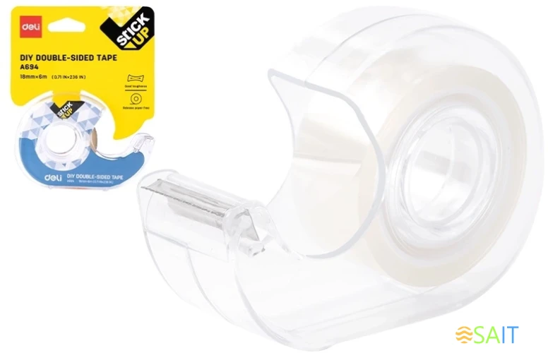 Клейкая лента двухсторонняя двусторонняя Deli EA694 прозрачная шир.18мм дл.6м на диспенсере