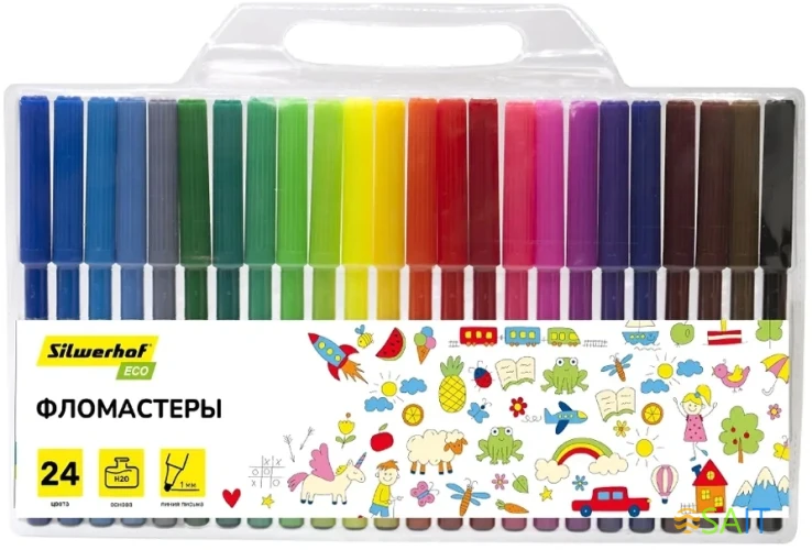 Фломастеры Silwerhof Eco 7.5мм 125мм Вентилируемый 24цв. пакет с европодвесом