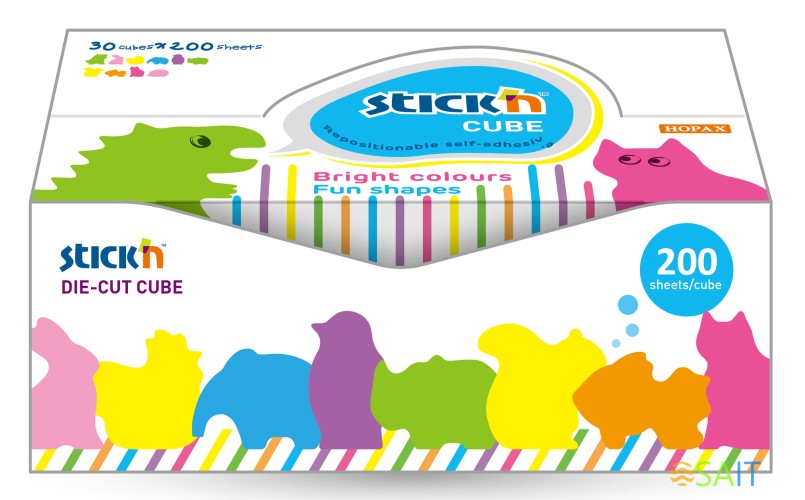Блок самоклеящийся бумажный Stick`n 21791 64x67мм 200лист. ассорти "животные" дисплей бокс (упак.:30шт)