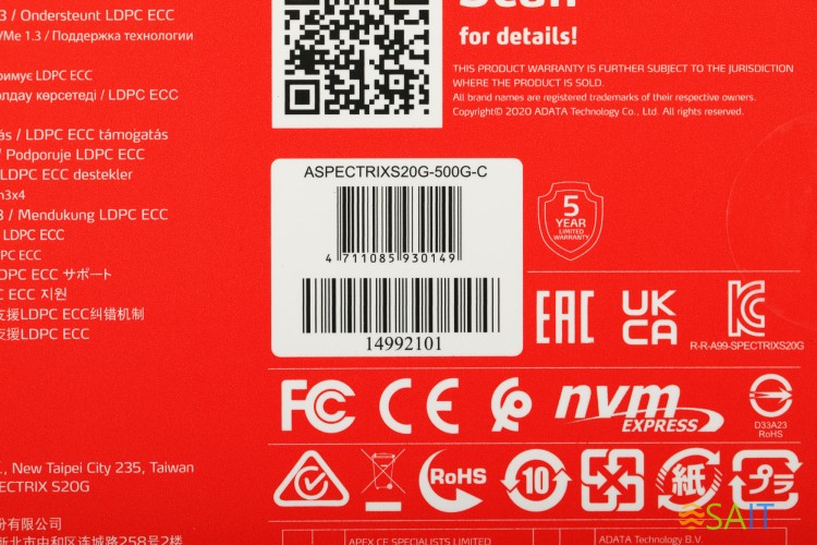 Накопитель SSD A-Data PCIe 3.0 x4 500GB ASPECTRIXS20G-500G-C Spectrix S20G M.2 2280