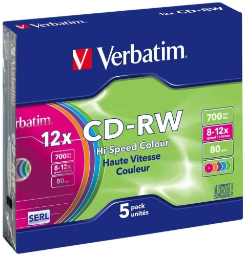 Диск CD-RW Verbatim 700Mb 12x Slim case (5шт) Color (43167)