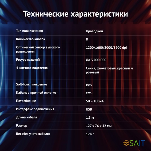 Мышь Оклик 806G черный/красный оптическая 3200dpi USB 8but (1431646)