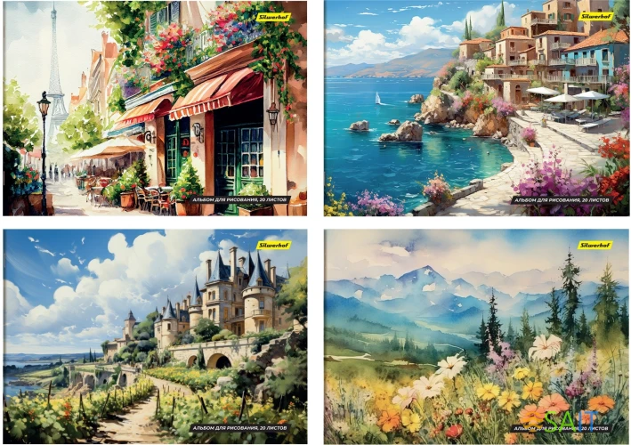 Альбом для рисования Silwerhof 20л. A4 Акварельные пейзажи 4диз. мел.картон скрепка (упак.:4шт)