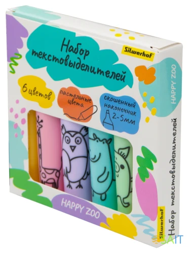 Набор текстовыделителей Silwerhof Happy Zoo 2-5мм тонкий 6цв. ассорти коробка с европодвесом