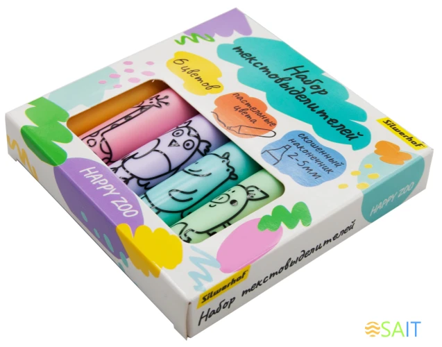 Набор текстовыделителей Silwerhof Happy Zoo 2-5мм тонкий 6цв. ассорти коробка с европодвесом