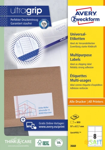 Этикетки Avery Zweckform 3660 A4 97x67.7мм 8шт на листе/70г/м2/100л./белый матовое самоклей. универсальная