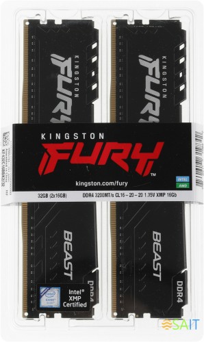 Память DDR4 2x16Gb 3200MHz Kingston KF432C16BBK2/32 Fury Beast Black RTL Gaming PC4-25600 CL16 DIMM 288-pin 1.35В single rank с радиатором Ret