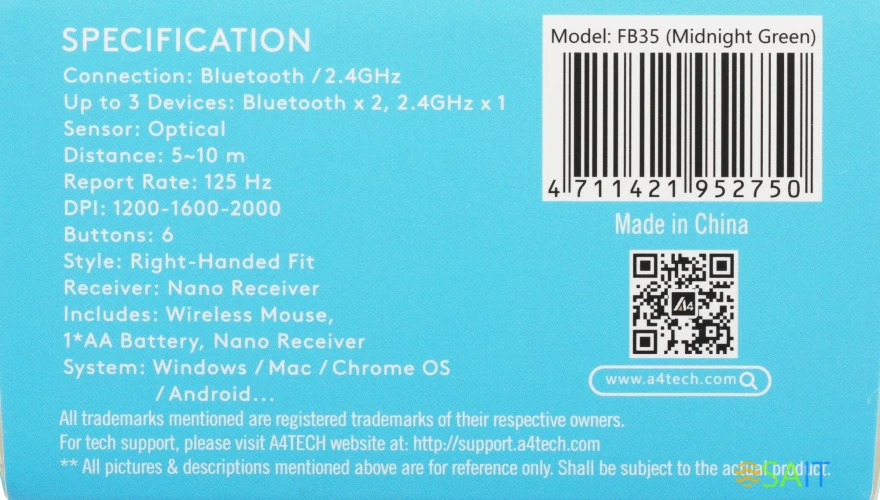 Мышь A4Tech Fstyler FB35 зеленый/черный оптическая 2000dpi беспров. BT/Radio USB для ноутбука 6but (FB35 MIDLIGHT GREEN)