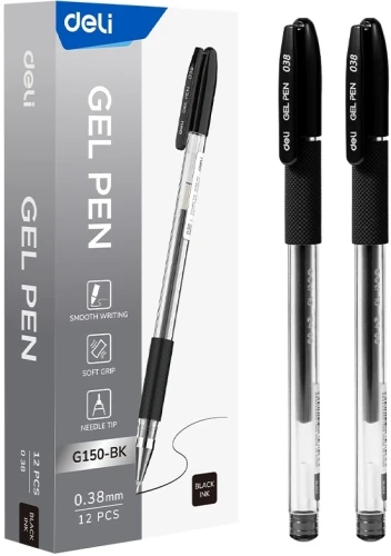 Ручка гелев. Deli EG150-BK прозрачный d=0.38мм черн. черн. игловидный пиш. наконечник резин. манжета