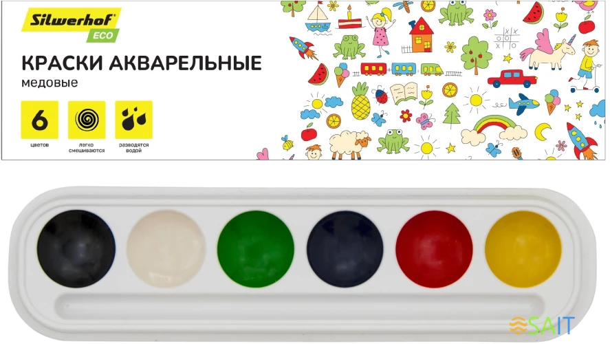 Краски акварельные Silwerhof Eco медовые 6цв. без кисти картон.кор.