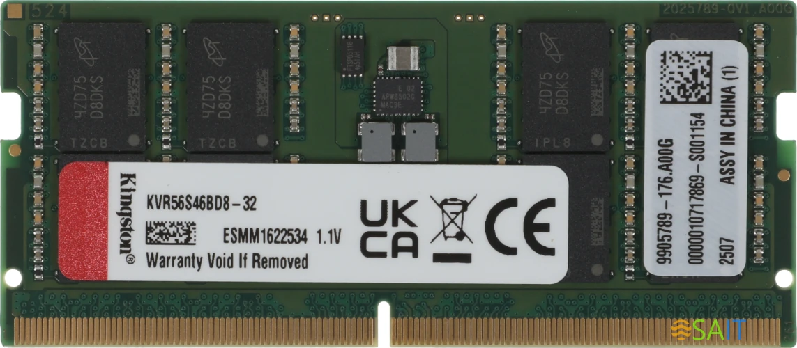 Память DDR5 32GB 5600MHz Kingston KVR56S46BD8-32 VALUERAM RTL PC5-44800 CL46 SO-DIMM 262-pin 1.1В single rank Ret