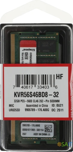 Память DDR5 32GB 5600MHz Kingston KVR56S46BD8-32 VALUERAM RTL PC5-44800 CL46 SO-DIMM 262-pin 1.1В single rank Ret