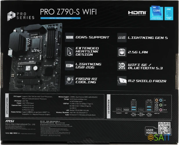 Материнская плата MSI PRO Z790-S WIFI Soc-1700 Intel Z790 4xDDR5 ATX AC`97 8ch(7.1) 2.5Gg RAID+HDMI+DP