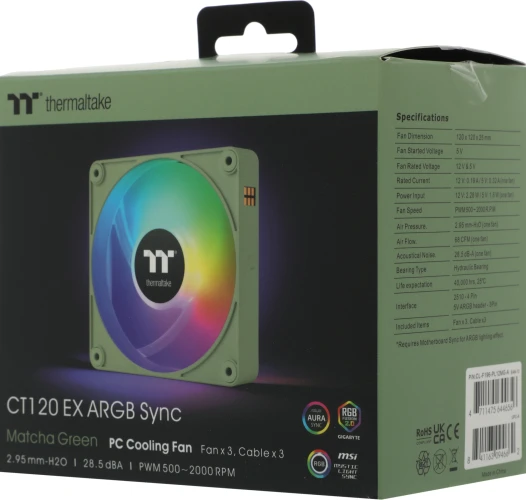 Вентилятор для корпуса Thermaltake CT120 EX Sync Matcha ARGB 120х120x25 зеленый 4-pin 28.5дБ (упак.:3шт) (CL-F196-PL12MG-A) Ret