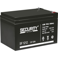 Батарея SECURITY FORCE серия SF, SF 1212, напряжение 12В, емкость 12Ач (разряд 20 часов),  макс. ток разряда (5 сек.) 16.2А, макс. ток заряда 3.6А, свинцово-кислотная типа AGM, клеммы F2, ДxШxВ 151х98х95мм., вес кг., срок службы 3-5 лет. Security Force SF