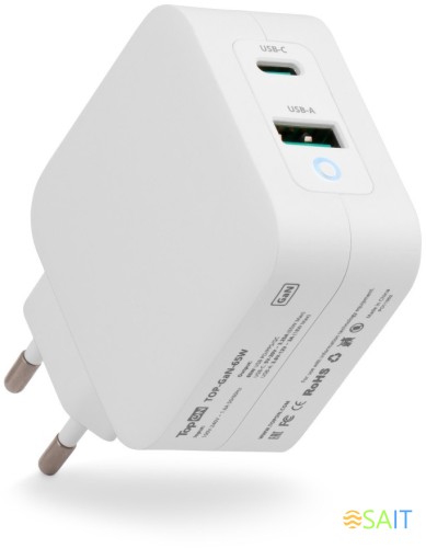 Блок питания TopON TOP-GaN-65W автоматический 65W 5V-20V 3.25A 2xUSB от бытовой электросети LED индикатор
