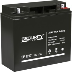 Батарея SECURITY FORCE серия SF, SF 1217, напряжение 12В, емкость 17Ач (разряд 20 часов),  макс. ток разряда (5 сек.) 18А, макс. ток заряда 5.1А, свинцово-кислотная типа AGM, клеммы под гайку и болт M6, ДxШxВ 181х77х167мм., вес кг., срок службы 3-5 лет. S