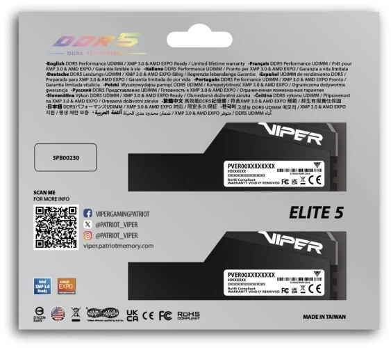 Память DDR5 2x32GB 6000MHz Patriot VEU564G6028K Viper Elite 5 Ultra RTL Gaming PC5-48000 CL28 DIMM 288-pin 1.4В kit single rank с радиатором Ret