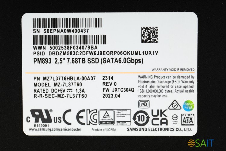 Накопитель SSD Samsung SATA-III 7.68TB MZ7L37T6HBLA-00A07 PM893 2.5" 1 DWPD OEM