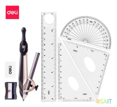 Циркуль Deli EG30404 корпус ассорти металл в компл.:линейка/транспортир/2 угольника/карандаш/ластик/точилка