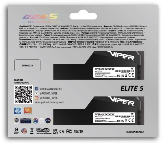 Память DDR5 2x32GB 6000MHz Patriot VEUR564G6028K Viper Elite 5 Ultra RGB RTL Gaming PC5-48000 CL28 DIMM 288-pin 1.4В kit single rank с радиатором Ret