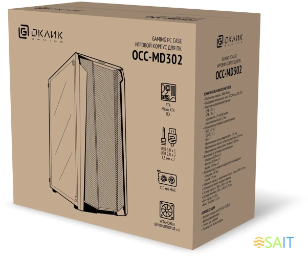 Корпус Оклик OCC-MD302 черный без БП ATX 6x120mm 2xUSB2.0 1xUSB3.0 audio bott PSU