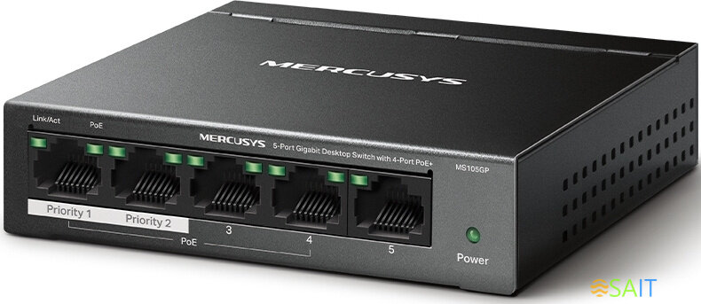 Коммутатор Mercusys MS105GP (L2) 5x1Гбит/с 4PoE+ 65W неуправляемый