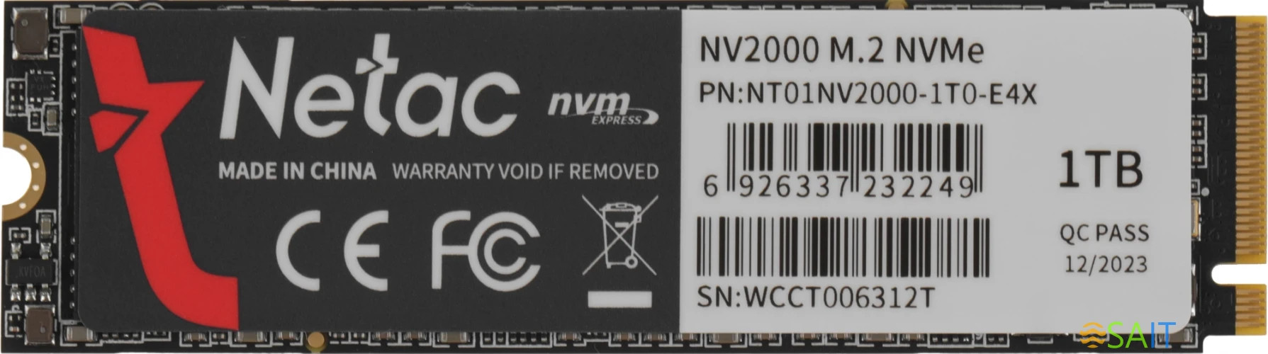 Накопитель SSD Netac PCIe 3.0 x4 1TB NT01NV2000-1T0-E4X NV2000 M.2 2280