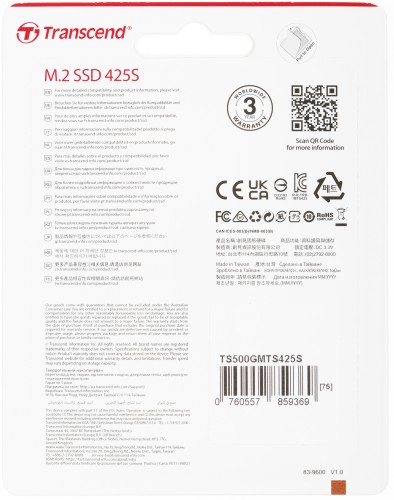 Накопитель SSD Transcend SATA-III 500GB TS500GMTS425S 425S M.2 2242 0.3 DWPD