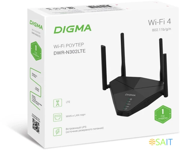 Роутер беспроводной Digma DWR-N302LTE N300 10/100BASE-TX/3G/4G cat. 4 черный
