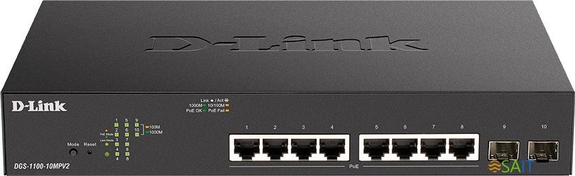Коммутатор D-Link DGS-1100-10MPV2/A3A (L2) 8x1Гбит/с 2xКомбо(1000BASE-T/SFP) 2SFP 8PoE 130W управляемый