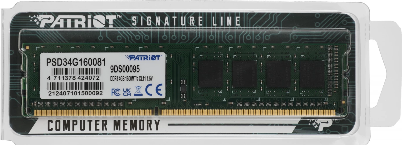Память DDR3 4Gb 1600MHz Patriot PSD34G160081 RTL PC3-12800 CL11 DIMM 240-pin 1.5В single rank Ret
