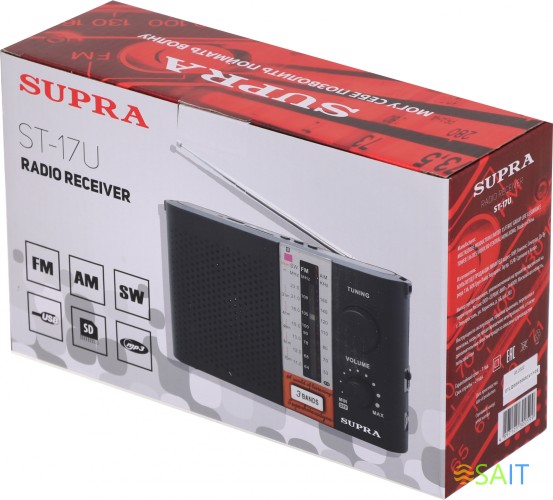 Радиоприемник портативный Supra ST-17U черный USB SD