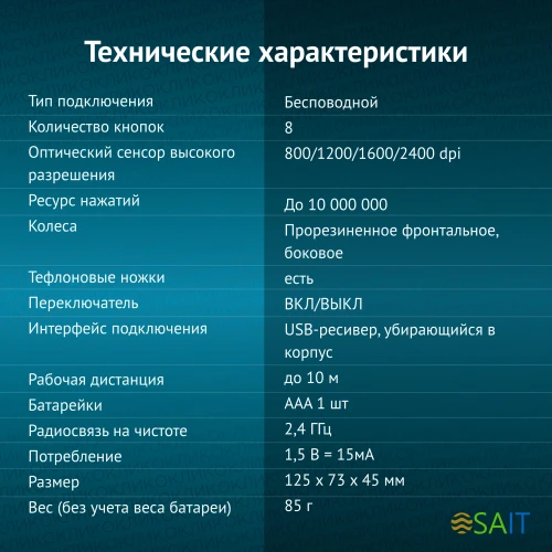 Мышь Оклик 501MW черный оптическая 2400dpi беспров. USB для ноутбука 6but (1877553)