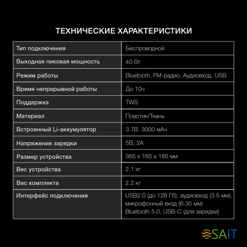Колонка порт. Hyundai H-PS1025 черный 40W 2.0 BT 10м 3000mAh