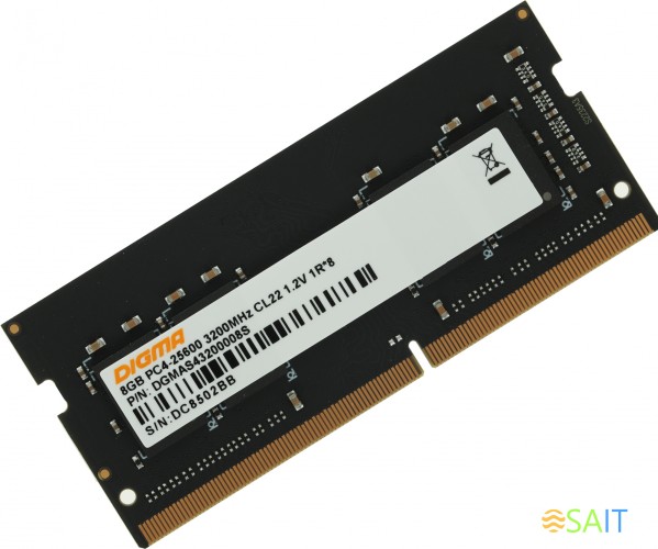 Память DDR4 8Gb 3200MHz Digma DGMAS43200008S RTL PC4-25600 CL22 SO-DIMM 260-pin 1.2В single rank Ret