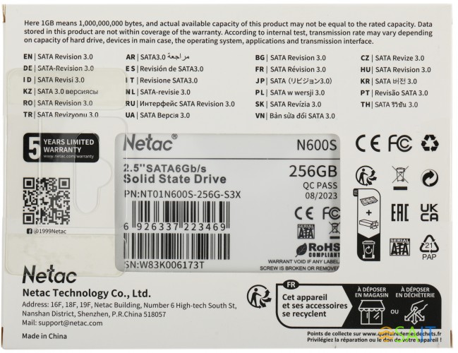 Накопитель SSD Netac SATA-III 256GB NT01N600S-256G-S3X N600S 2.5"