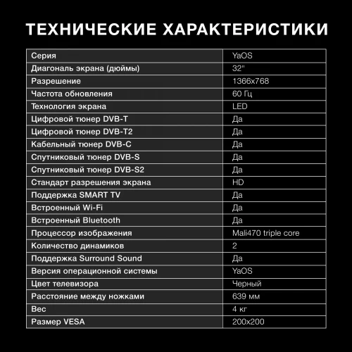 Телевизор LED Hyundai 32" H-LED32BS5003 Яндекс.ТВ Frameless черный HD 60Hz DVB-T DVB-T2 DVB-C DVB-S DVB-S2 USB WiFi Smart TV