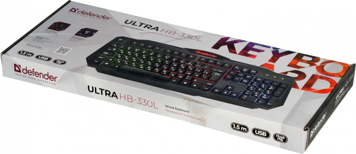 Клавиатура Defender Ultra HB-330L черный USB LED (подставка для запястий)