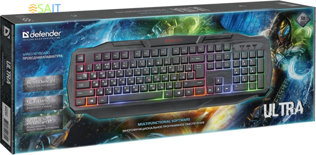 Клавиатура Defender Ultra HB-330L черный USB LED (подставка для запястий)