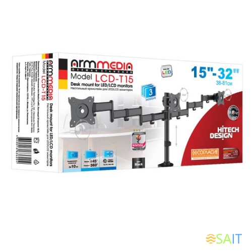 Кронштейн для мониторов Arm Media LCD-T15 черный 15"-32" макс.30кг настольный поворот и наклон верт.перемещ.