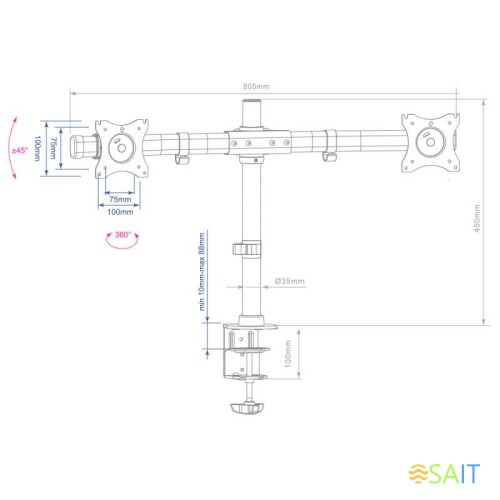 Кронштейн для мониторов Arm Media LCD-T42 черный 15"-32" макс.20кг настольный поворот и наклон верт.перемещ.