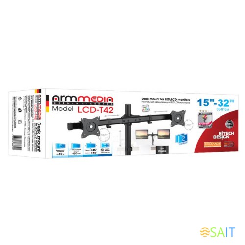 Кронштейн для мониторов Arm Media LCD-T42 черный 15"-32" макс.20кг настольный поворот и наклон верт.перемещ.