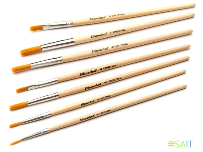 Набор кистей Silwerhof Монстрики (наб.7шт) синт.круг.№1-5/плос.№ 4,6 дерев.лакир.ручка