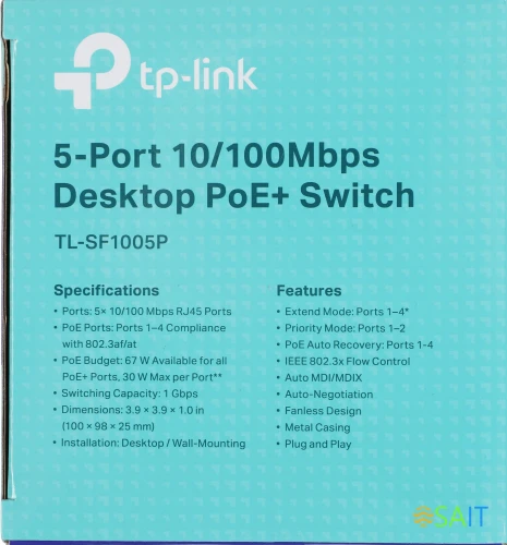 Коммутатор TP-Link TL-SF1005P (L2) 5x100Мбит/с 4PoE 58W неуправляемый