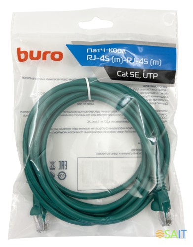 Патч-корд Buro UTP-5E-3M-GR UTP 4 пары cat.5E CCA molded 3м зеленый RJ-45 (m)-RJ-45 (m)